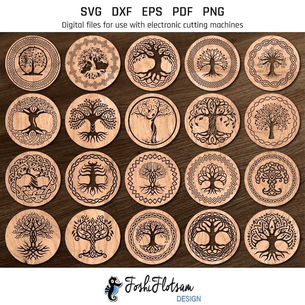 Coaster SVG - Celtic Tree of Life coaster SVG bundle image 5 All 20 Celtic Tree of Life coaster SVG designs shown on one page as digital, stylized coaster SVGs.